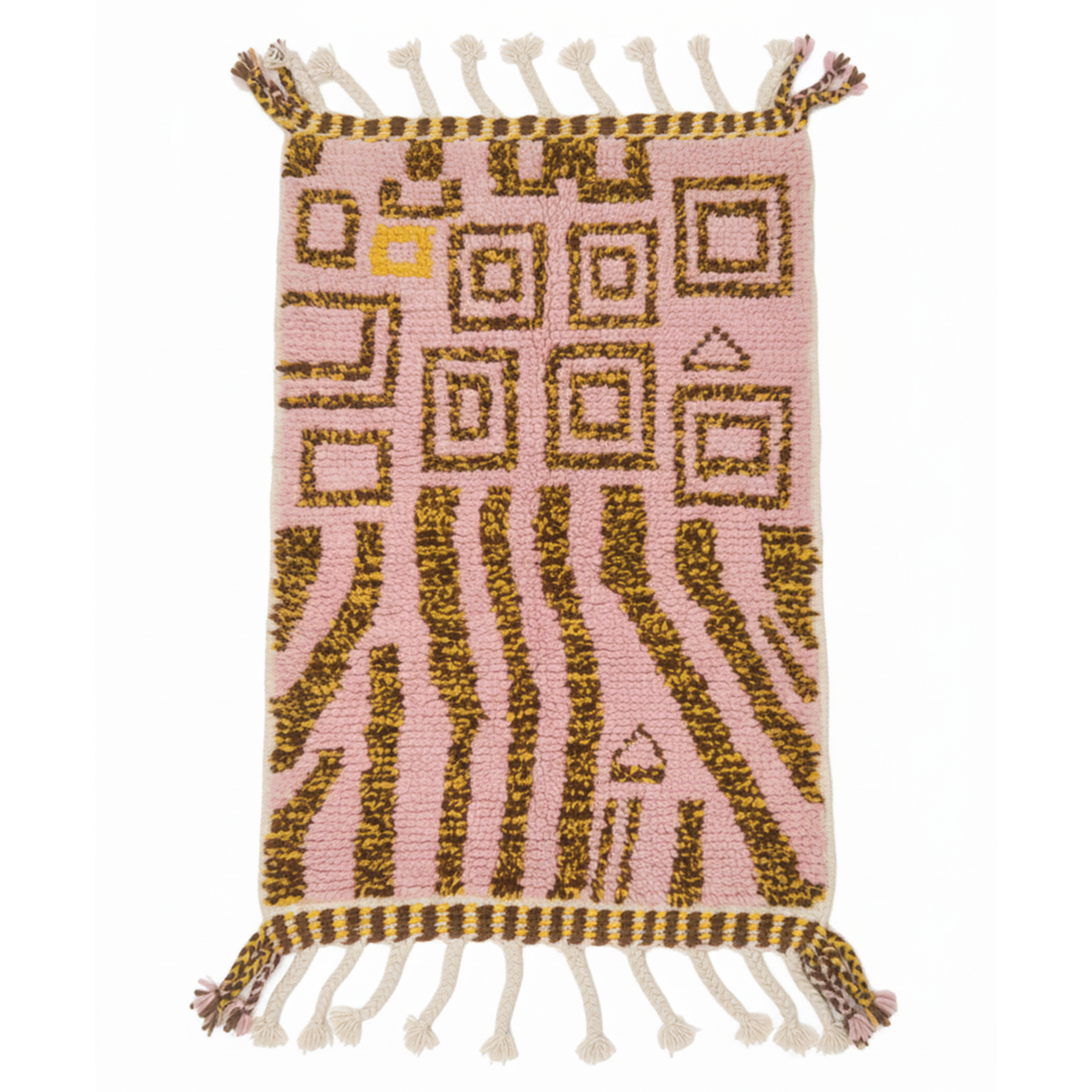 Handcrafted Moroccan Rug – Dusty Pink & Ochre Geometric-Shag Design | 2.7’ × 4.2’ (82 × 128 cm) | Boho Wool Accent Rug