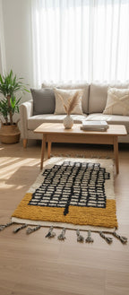 Handmade Moroccan Wool Runner Rug – Yellow & White with Black Pattern | Small Vintage Boho Carpet | 3.9 x 2.1 ft (1.2 x 0.65 m) | Modern Living Room, Bedroom & Hallway Rug