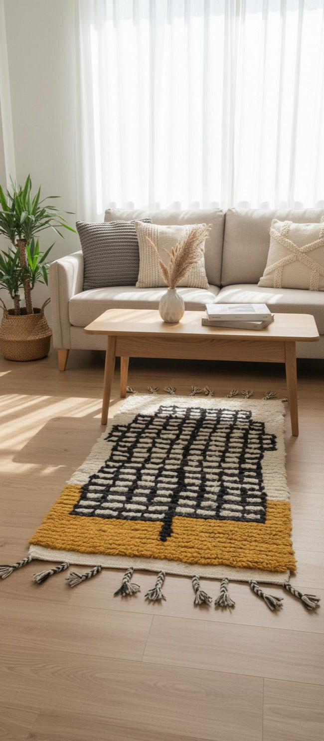 Handmade Moroccan Wool Runner Rug – Yellow & White with Black Pattern | Small Vintage Boho Carpet | 3.9 x 2.1 ft (1.2 x 0.65 m) | Modern Living Room, Bedroom & Hallway Rug