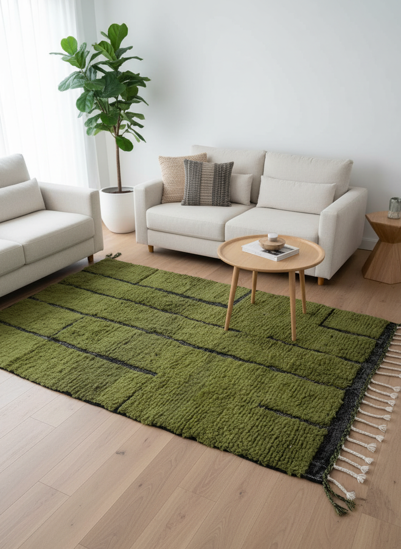 Handmade Moroccan Wool Area Rug – Olive Green with Black Line Pattern | 6.9 x 3.9 ft (2.1 x 1.2 m) | Modern Boho Living Room, Bedroom & Hallway Carpet