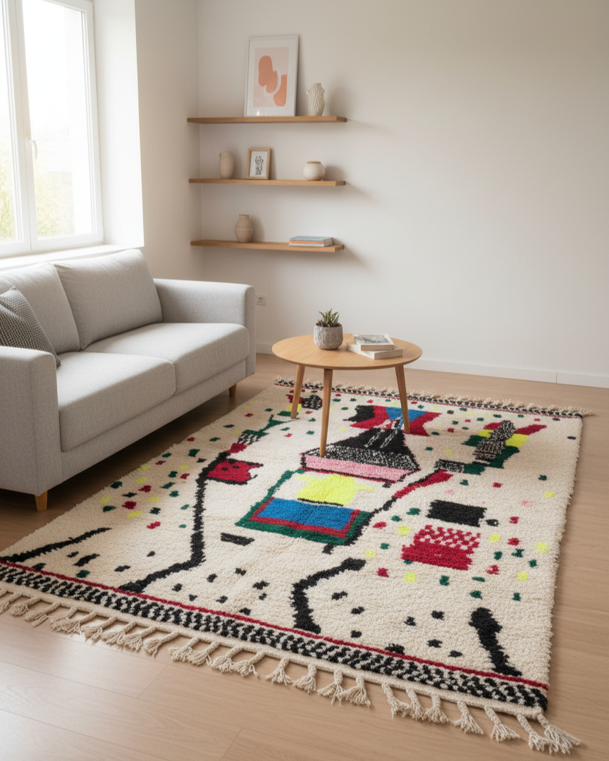 Hand-Knotted Moroccan Azilal Rug – Vibrant Abstract Totem Design | 7.9 x 4.9 ft (2.4 x 1.5 m) | Plush Wool Statement Rug