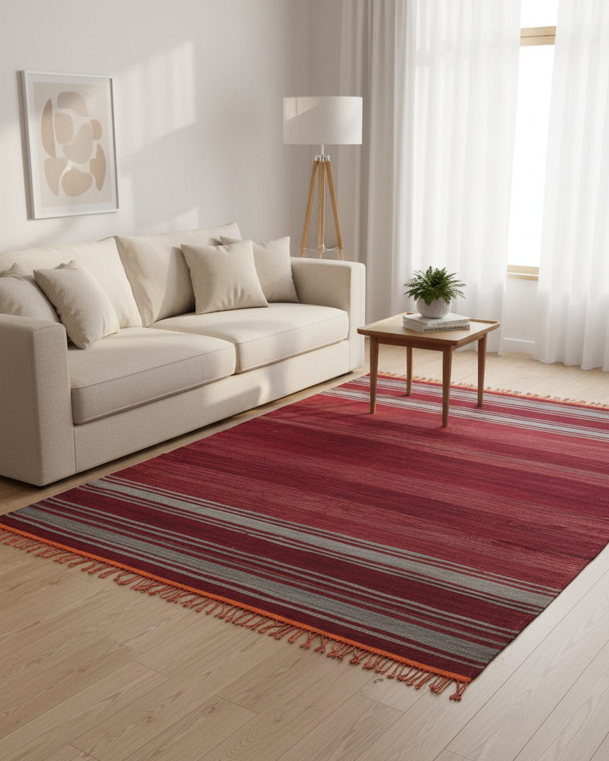 Vintage Moroccan Kilim Hanbel Rug – Handwoven Wool Flatweave Carpet | 9.7 x 6.2 ft (2.95 x 1.9 m) | Red, Grey & Orange Rustic Berber Stripe