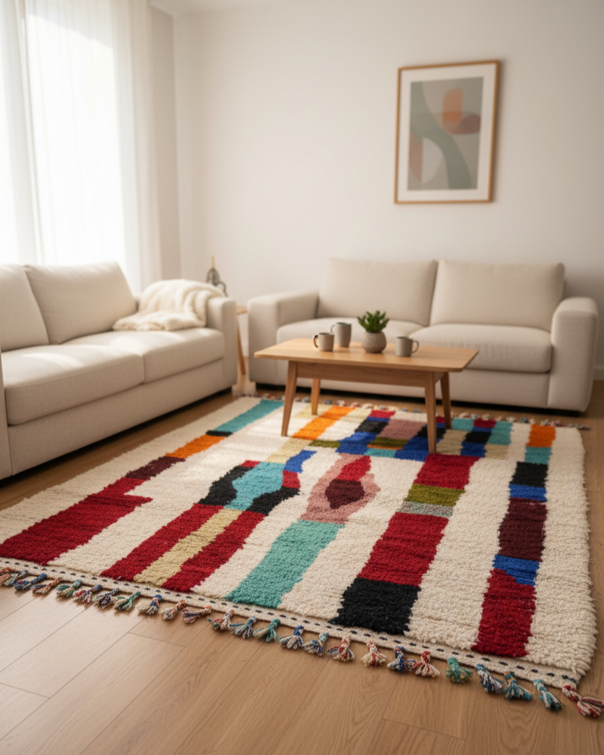 Handcrafted Moroccan Berber Rug – Cream Base with Multicolor Abstract Design | 6’ × 9’ (180 × 280 cm) | Plush Wool