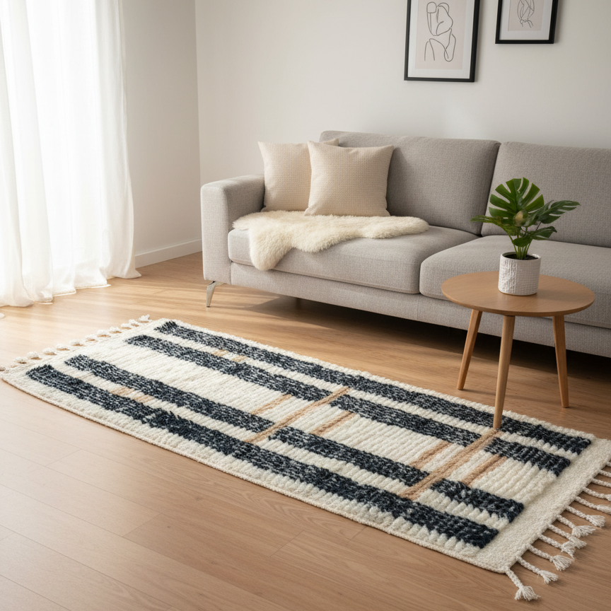 Handcrafted Moroccan-Style Runner Rug – Modern Boho Striped Design | 4.9’ × 2.1’ (150 × 65 cm) | Plush Wool Accent Rug