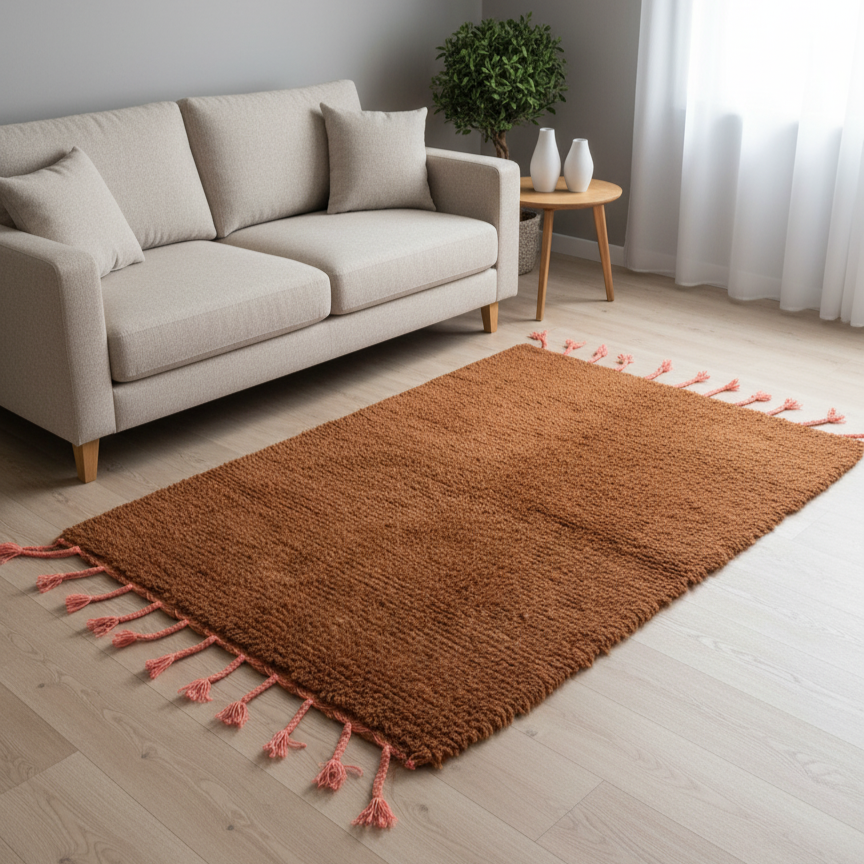 Handcrafted Moroccan Berber Rug – Rust & Coral High-Pile Wool | 3.9’ × 6’ (120 × 185 cm) | Plush Accent Rug