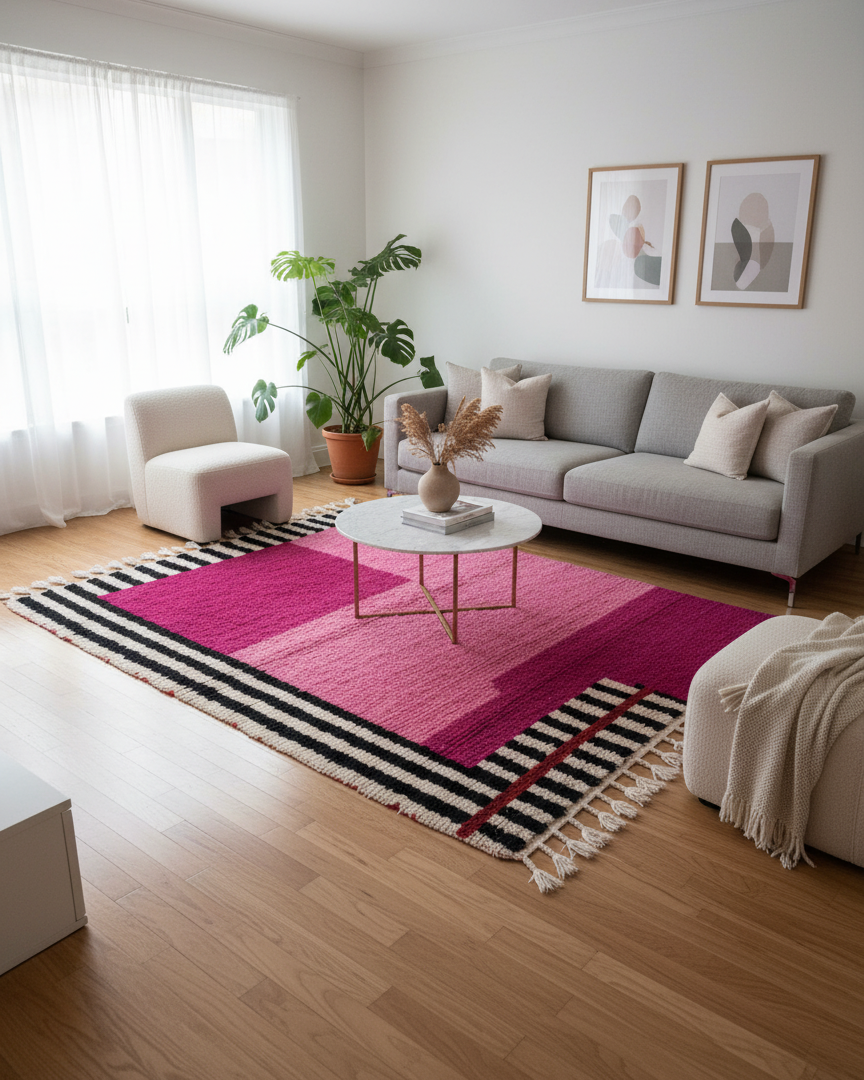 Handmade modern Carpet, Moroccan Rug, Area Rug in baby pink & fuchsia tones with black and white abstract linen pattern - Square Rug | 6.6 x 6.6 ft (2 x 2 m) | perfect for pink bedrooms & chic interiors.