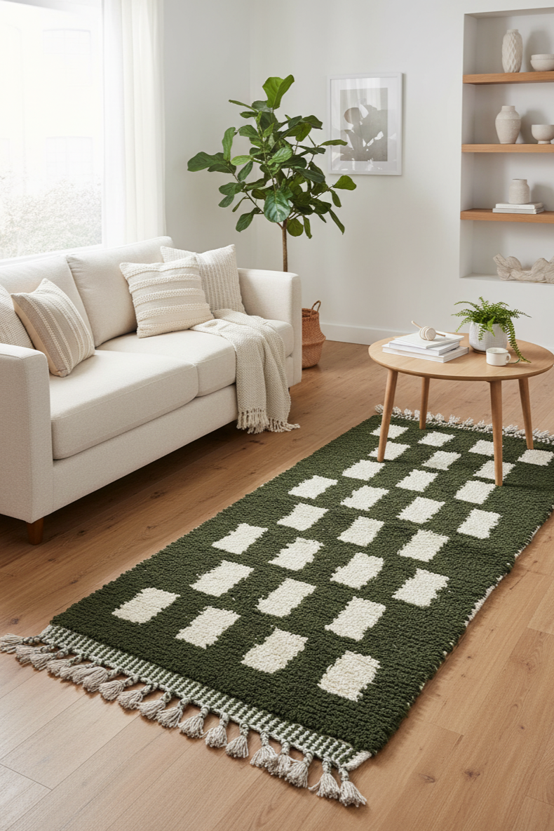 Handmade Moroccan Runner Rug – Olive Green with Cream Geometric Pattern | 7.5 x 2.1 ft (2.3 x 0.65 m) | Wool Hallway & Entryway Carpet