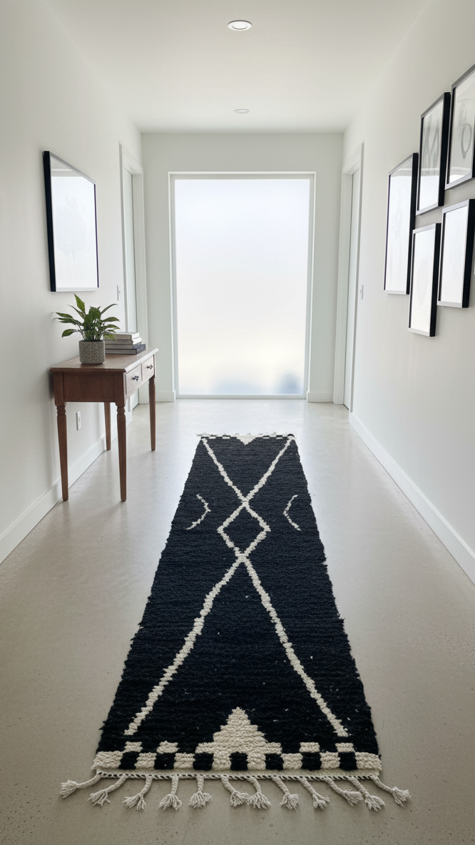 Handcrafted Moroccan Berber Runner Rug – Black & Cream Geometric | 2’ × 9.5’ (60 × 290 cm) | Modern Boho Hallway Runner