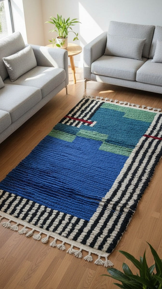 Handmade Wool Runner Rug – Moroccan Blue Runner Rug with Black & White Linen Sides | 5.1 x 3.0 ft (1.55 x 0.9 m) | Hallway & Entryway Boho Accent Carpet
