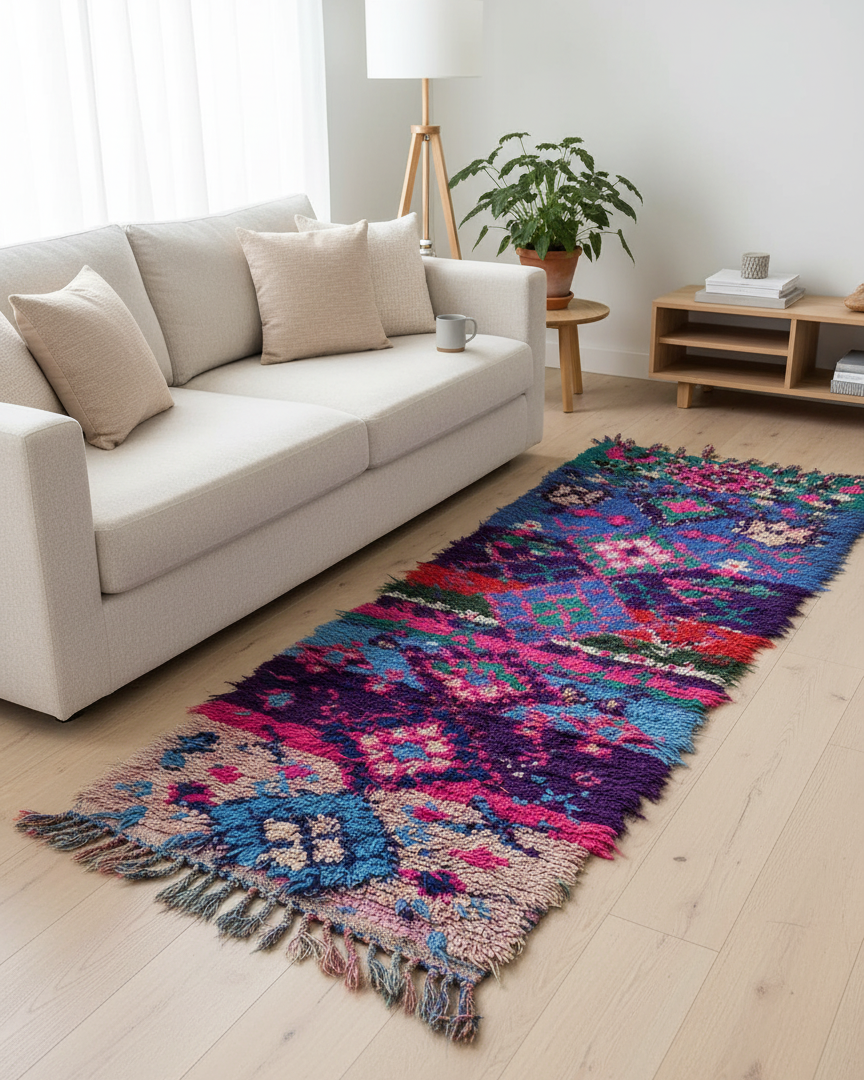 Vintage Moroccan Boucherouite Runner Rug – Handmade Shaggy Wool & Textile Carpet | 2.8 x 8.8 ft (0.85 x 2.7 m) | Colorful Boho Eclectic