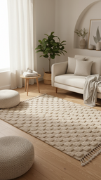 Handmade Beige/White Area Rug – 5.6’ × 8.66’ (172 × 264 cm) | Moroccan hand Tufted  Checkered Rug for living room | Boho Bedroom rugs & Scandinavian Decor Carpet