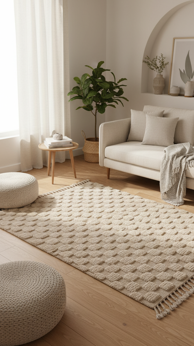 Handmade Beige/White Area Rug – 5.6’ × 8.66’ (172 × 264 cm) | Moroccan hand Tufted  Checkered Rug for living room | Boho Bedroom rugs & Scandinavian Decor Carpet