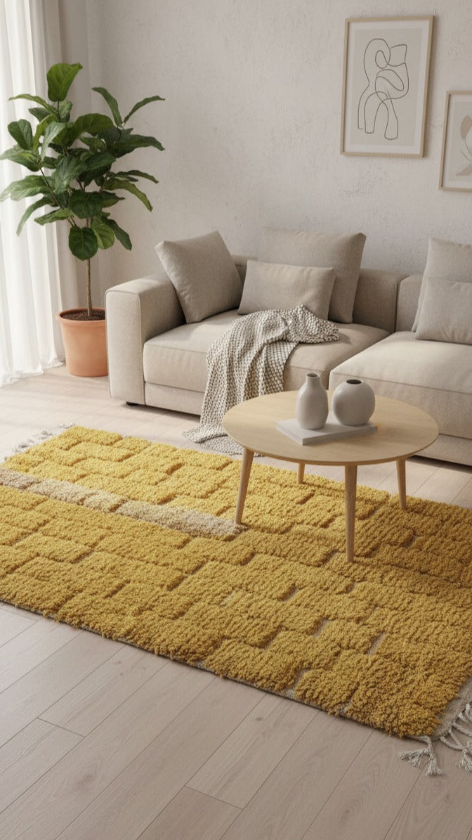 Handmade Carpet - Moroccan Yellow Runner Rug – Brick Pattern Rug for living room | 4.6 x 3.0 ft (1.4 x 0.9 m) | Vintage Modern Style for Hallways, Bedrooms & Entryways