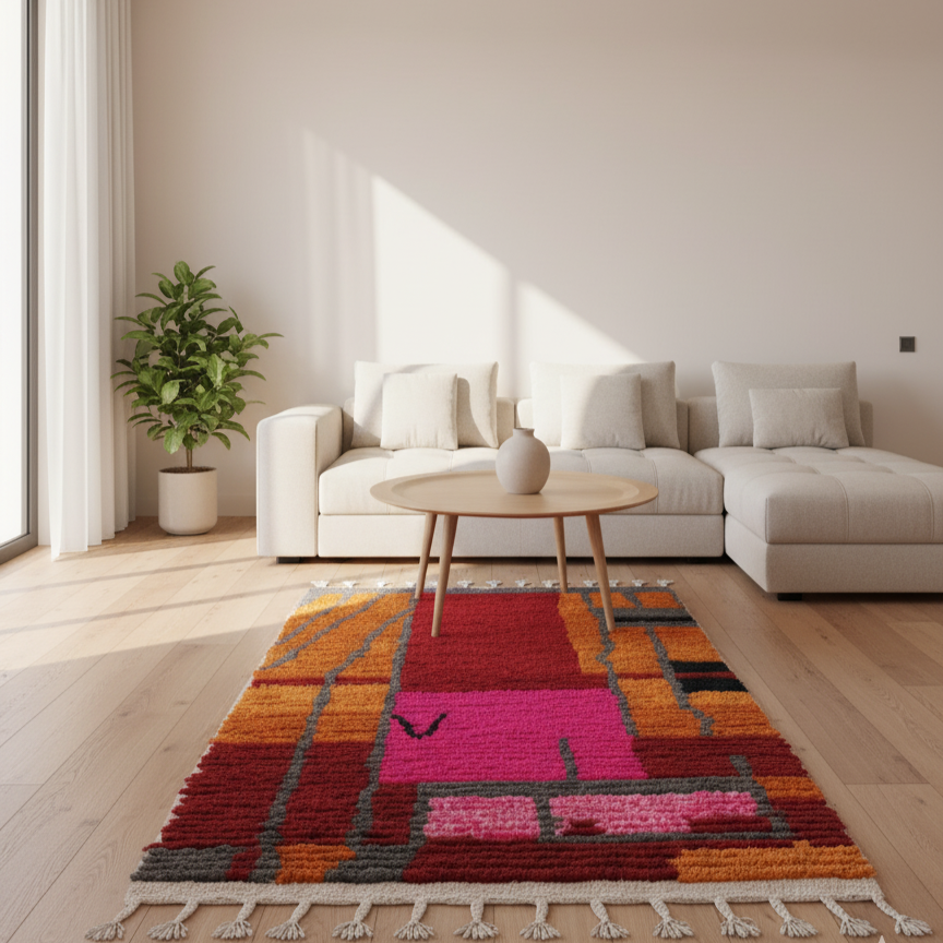 Handcrafted Moroccan Rug – Vibrant Pink, Red & Orange Geometric Design | 2.8’ × 4.9’ (85 × 150 cm) | Modern Berber Accent Rug