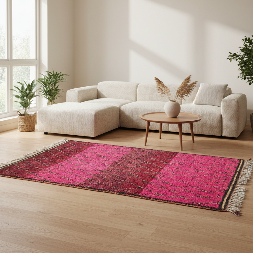 Handwoven Moroccan Berber Rug – Fuchsia & Crimson Diamond Lattice | 5.2’ × 6.9’ (160 × 210 cm) | Wool Area Rug