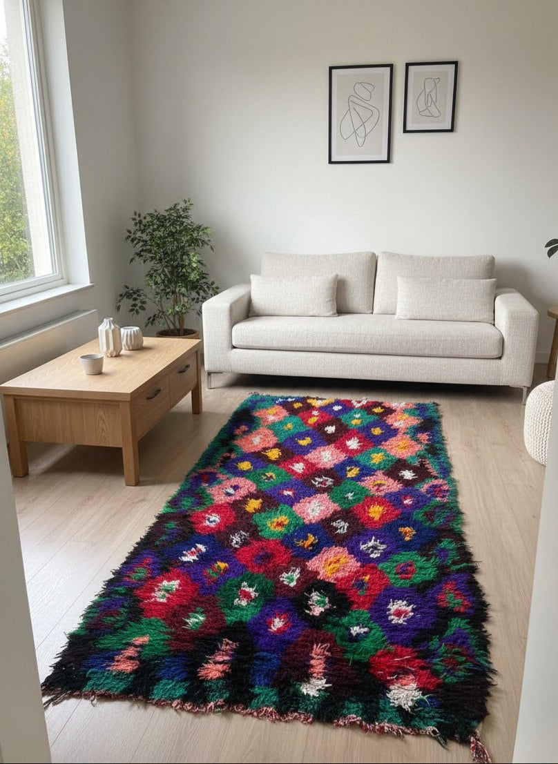 Vintage Moroccan Living Room Carpet , Authentic Hallway Rug, Colorful Runner Rug – Handmade Wool Carpet | 3.3 x 9.3 ft (1 x 2.85 m) | Green, Purple & Pink Boho Décor