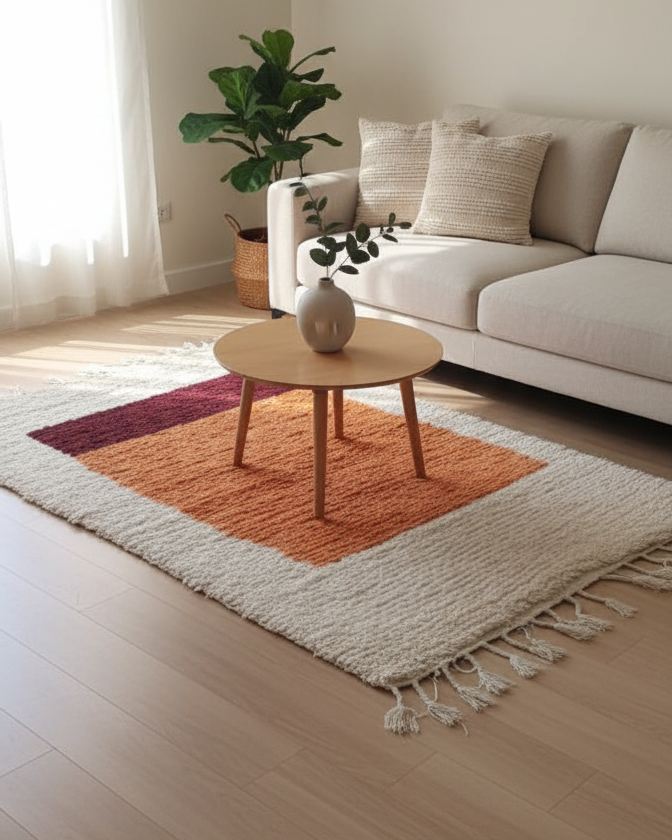 Handwoven Moroccan Bohemian Rug – 3.2’ × 5.2’ (100 × 160 cm) | High-Pile Wool Accent Rug | Terracotta & Burgundy