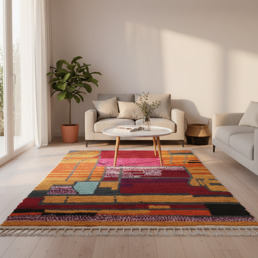Handcrafted Moroccan Berber Rug – Abstract Color Block Design | 5’ × 8’ (150 × 240 cm) | Vibrant Modern Boho Statement