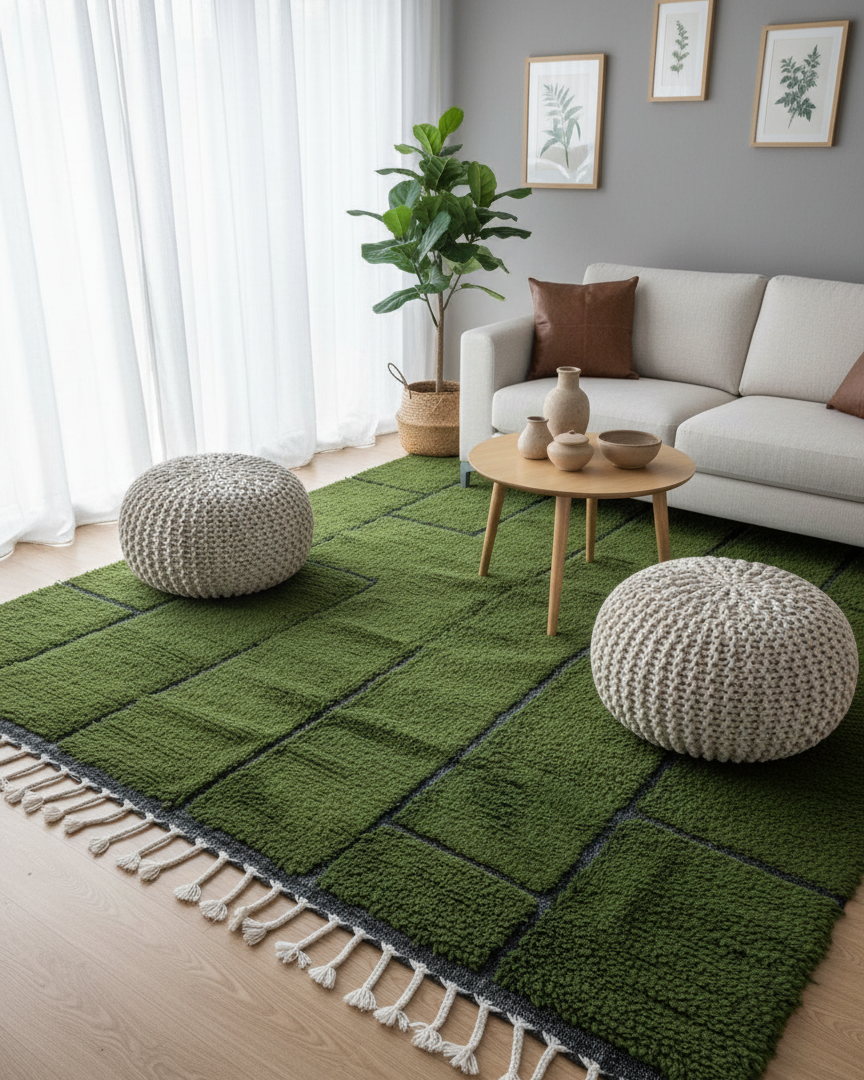Handmade Green Area Rug, Moroccan Wool Carpet – Natural Warm Rug for Living Room & Bedroom Carpet | 3 x 2.4 m (9.8 x 7.8 ft)