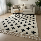 Handwoven Moroccan Beni Ourain Runner Rug – Black & White Geometric | 4.2’ × 12.8’ (150 × 390 cm) | Wool High-Pile Hallway Rug