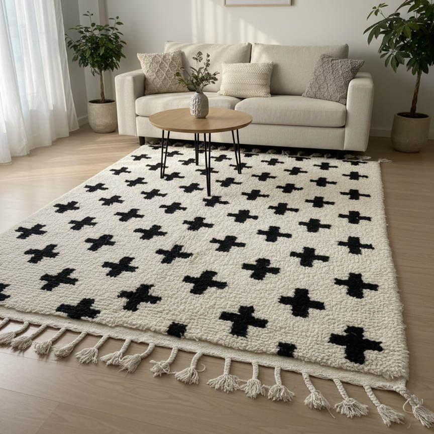 Handwoven Moroccan Beni Ourain Runner Rug – Black & White Geometric | 4.2’ × 12.8’ (150 × 390 cm) | Wool High-Pile Hallway Rug