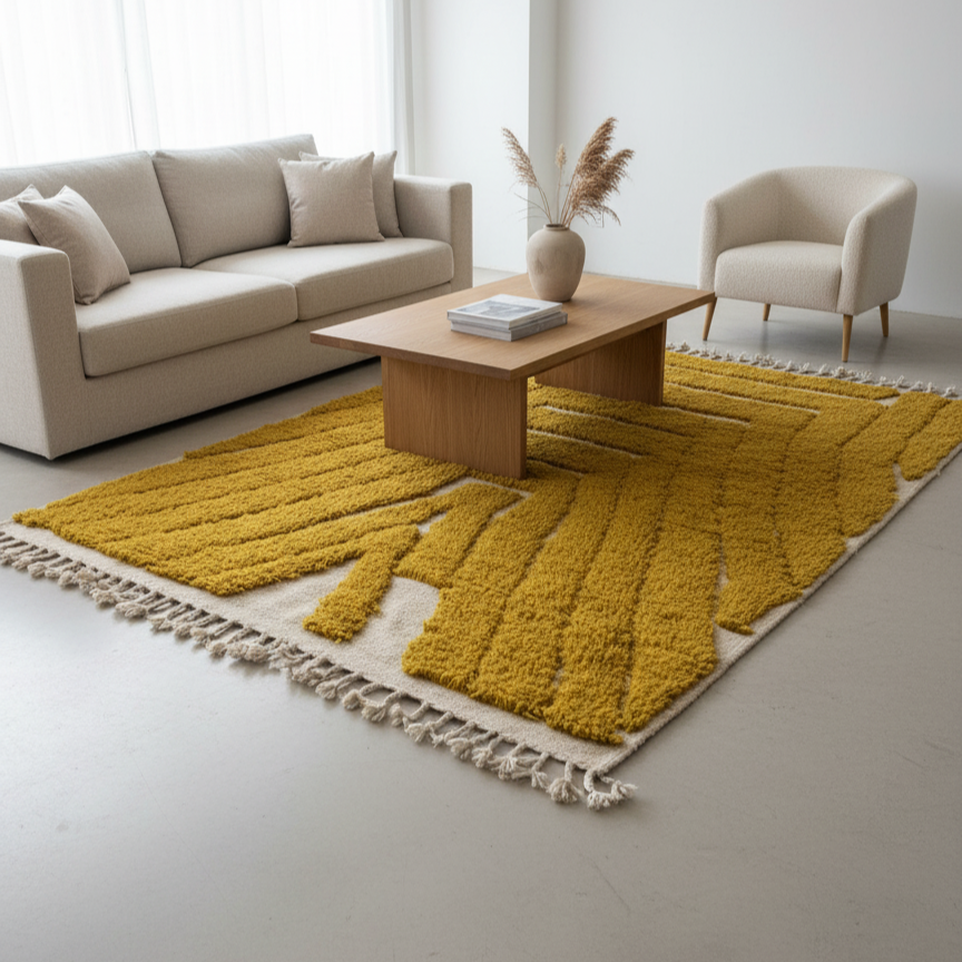 Handcrafted Moroccan-Style Area Rug – Mustard Yellow & Cream Geometric Design | 4’ × 6’ (120 × 180 cm) | Modern Boho Accent Rug