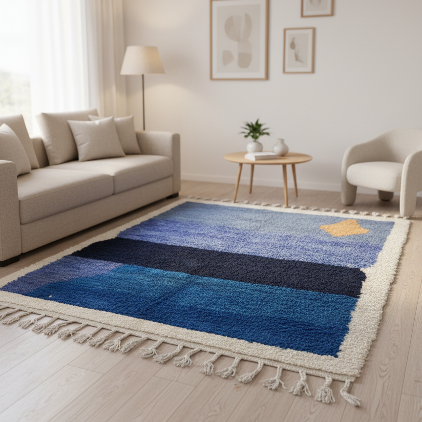 Handcrafted Moroccan Beni Ourain-Style Rug – Plush Blue & Orange Color Block | 4.8’ × 5.6’ (170 × 145 cm) | Modern & Contemporary Accent Rug