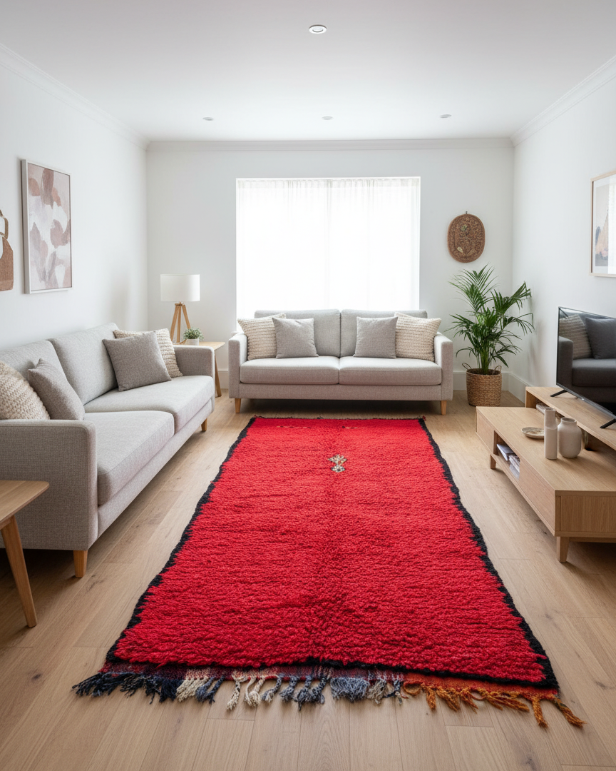 Vintage Moroccan Rug - Hand woven Wool Berber Rug – Royal Red Carpet with Subtle Berber Touch | 10.2 x 4.3 ft (3.1 x 1.3 m) | Luxury Boho Hallway, Living Room & Bedroom Rug