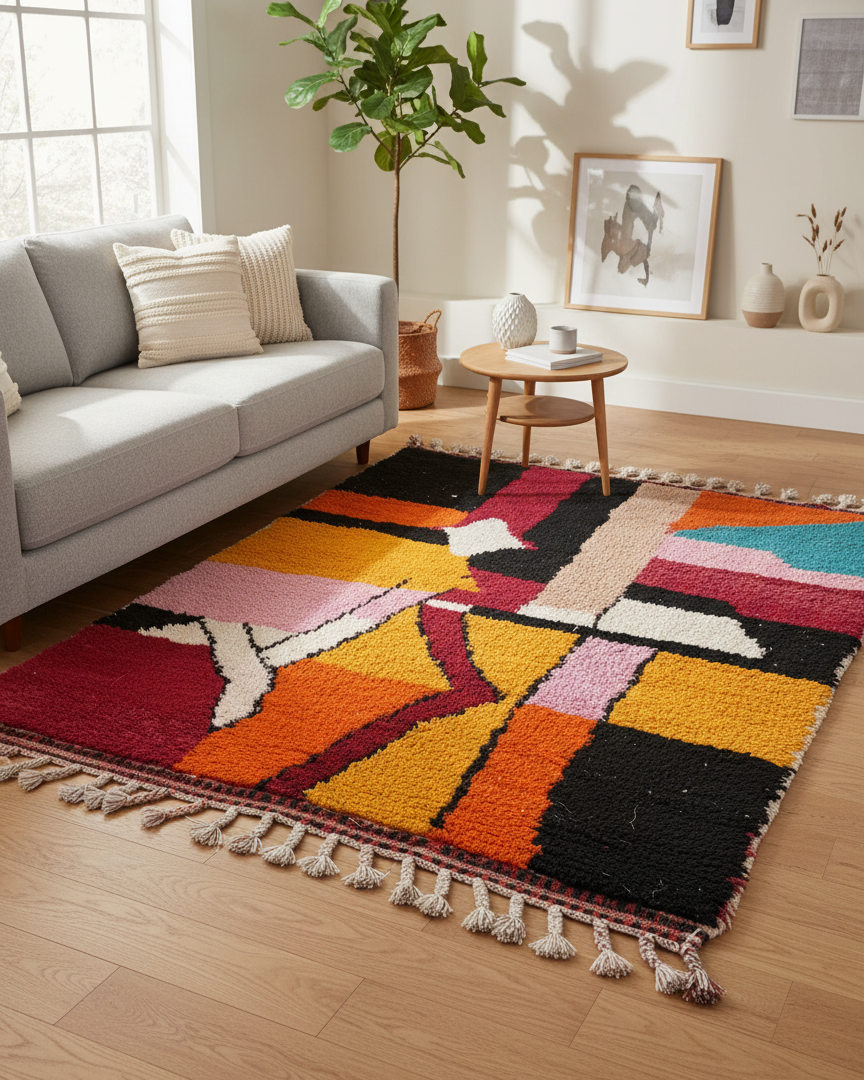 Gorgeous Colorful Rug, Moroccan Hand-Knotted Area Rug | 2.8 x 3.3 m (9 x 10.8 ft) – Abstract Carpet Orange, Yellow & Black
