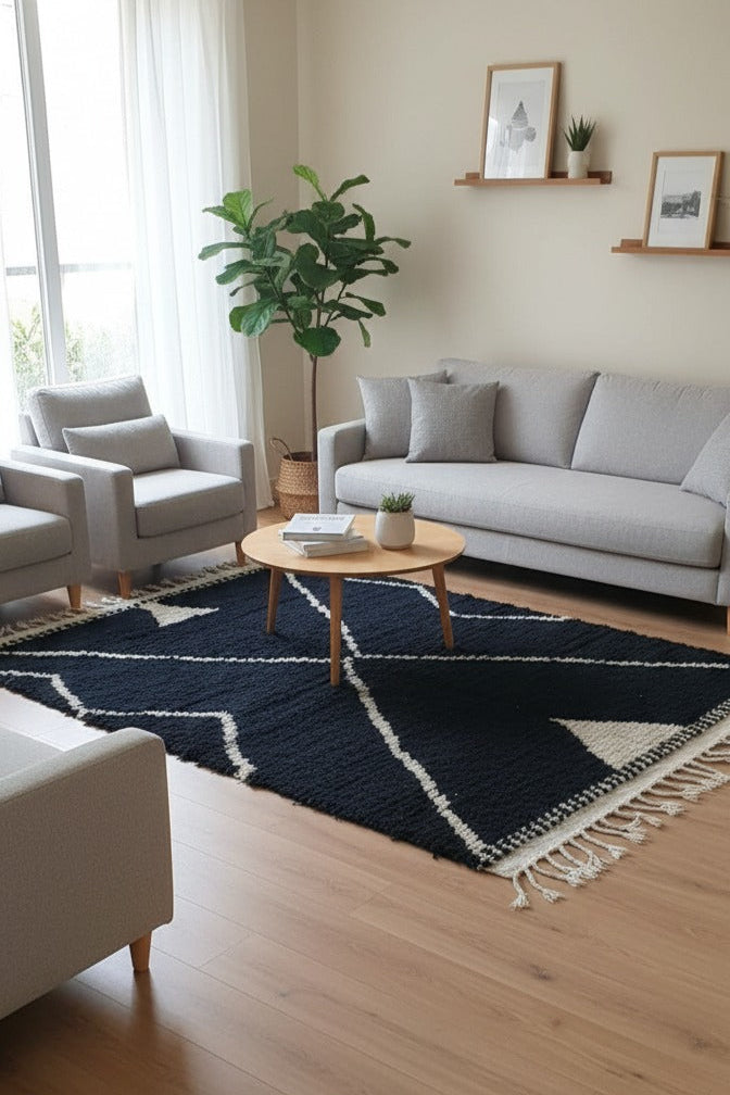 Charming Black Moroccan Rug , Simple & Clean Wool Area Rug – Handmade Black with White Lines Berber Pattern | 4.8 x 7.5 ft (1.45 x 2.3 m) | Modern Boho Living Room, Bedroom & Hallway Rug