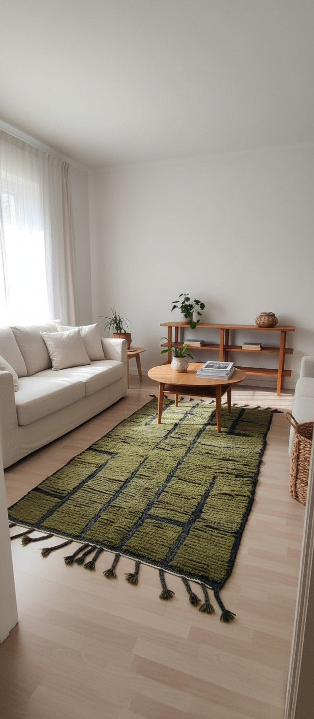 Handmade Moroccan Wool Area Rug – Olive Green with Black Line Pattern | 6.9 x 3.9 ft (2.1 x 1.2 m) | Modern Boho Living Room, Bedroom & Hallway Carpet