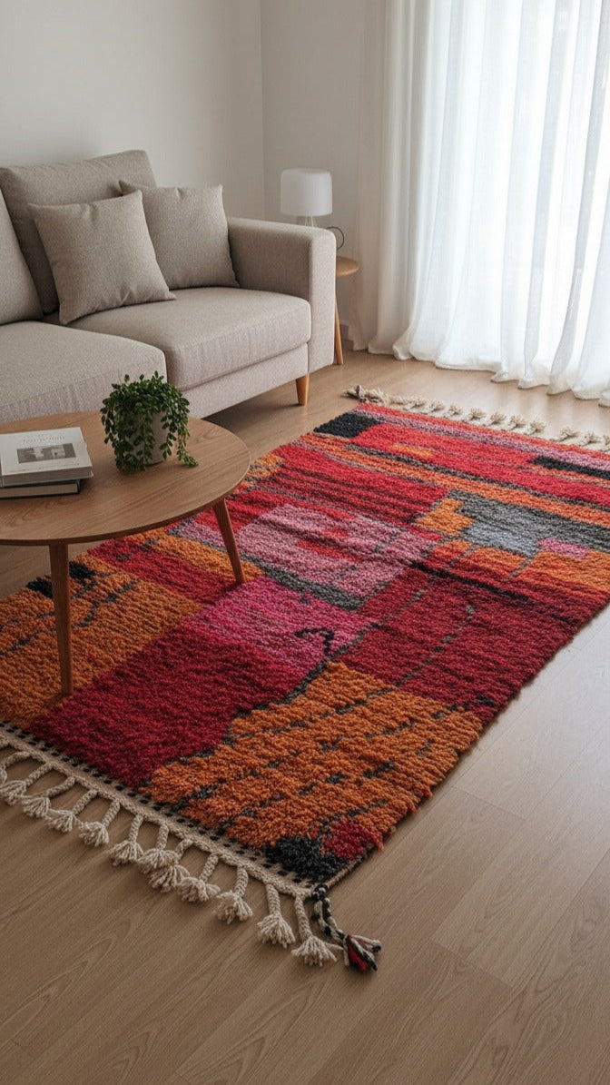 Berber Area Rug, Handwoven Wool Carpet, Orange Moroccan Runner Rug Red & Orange Base with Black & Pink Accents | 6.2 x 3.1 ft (1.9 x 0.95 m) | Small Wool Rug for Hallways, Bedrooms & Modern Boho Décor