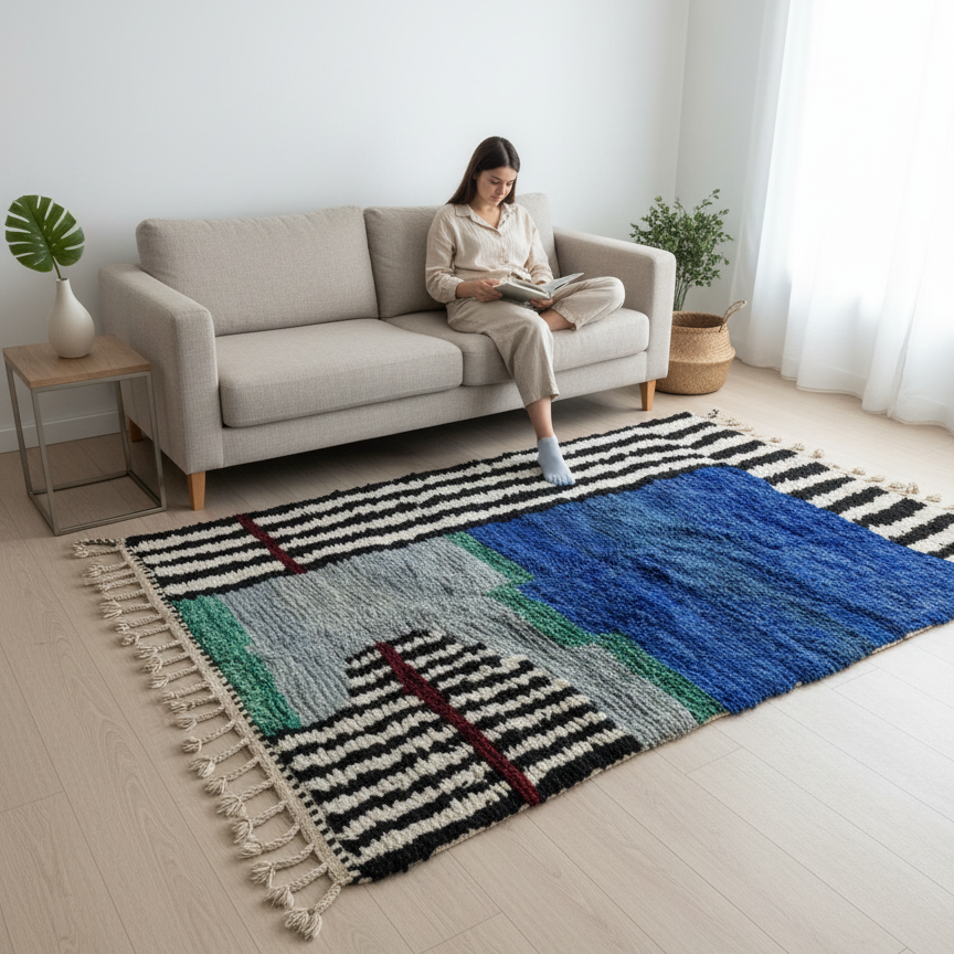Handcrafted Moroccan Berber Rug – Vibrant Blue & Grey Abstract | 5’ × 7’ (150 × 215 cm) | Modern Boho Statement Rug