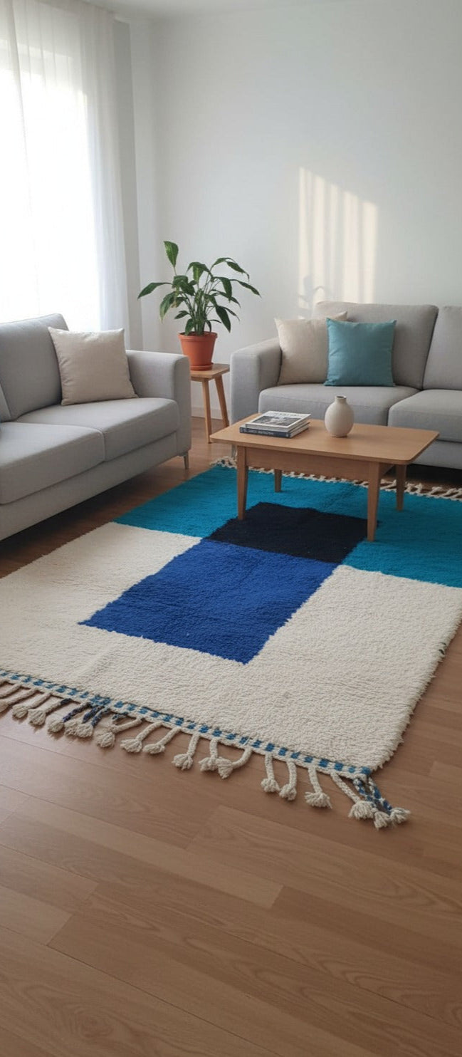 Authentic Handmade Moroccan Wool Area Rug – White & Turquoise Blue Carpet with Black & Blue Abstract Pattern | 4.9 x 7.2 ft (1.5 x 2.2 m) | Modern Boho Living Room & Bedroom Rug