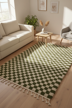 Moroccan Checkered Rug – Green & White Wool handmade Carpet | 8 x 5 ft (2.4 x 1.5 m) | Stylish Modern Handmade Living Room & Bedroom Area Rug