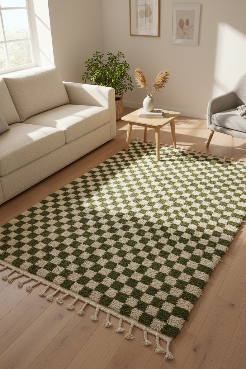 Moroccan Checkered Rug – Green & White Wool handmade Carpet | 8 x 5 ft (2.4 x 1.5 m) | Stylish Modern Handmade Living Room & Bedroom Area Rug
