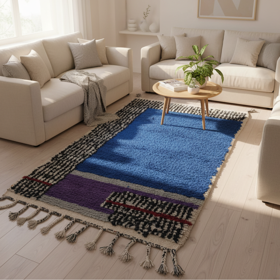 Gorgeous Blue area Rug , Purple living room carpet - Handmade Moroccan Runner Rug – Black & White Wool with Geometric Pattern | 3.3 x 7.5 ft (1 x 2.3 m) | Bedside Rug , Hallway Runner Rugs & Modern Boho Rug