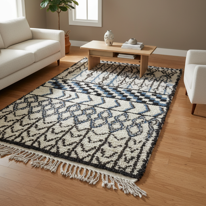 Unique Handcrafted Moroccan Carpet, Berber Rug for living room  – Cream & Black with Minimalist Blue Area Rug | 3.6’ × 6.6’ (110 × 200 cm) | Berber  Geometric Wool Rug