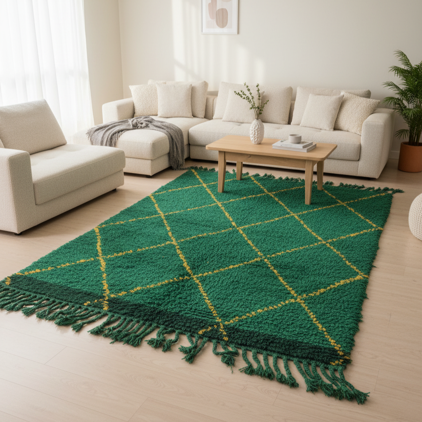 Handcrafted Moroccan Berber Rug – Deep Green & Golden Yellow Diamond Design | 5’ × 7’ (150 × 220 cm) | Plush Wool Shag
