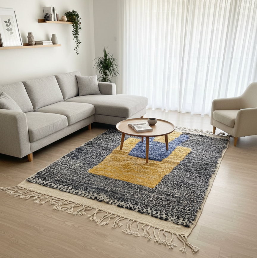 Modern Moroccan Rug – Abstract Geometric Yellow & Blue Design on Navy Heathered Background | 6.6 x 4.3 ft (2 x 1.3 m) | Handwoven Wool Statement Rug