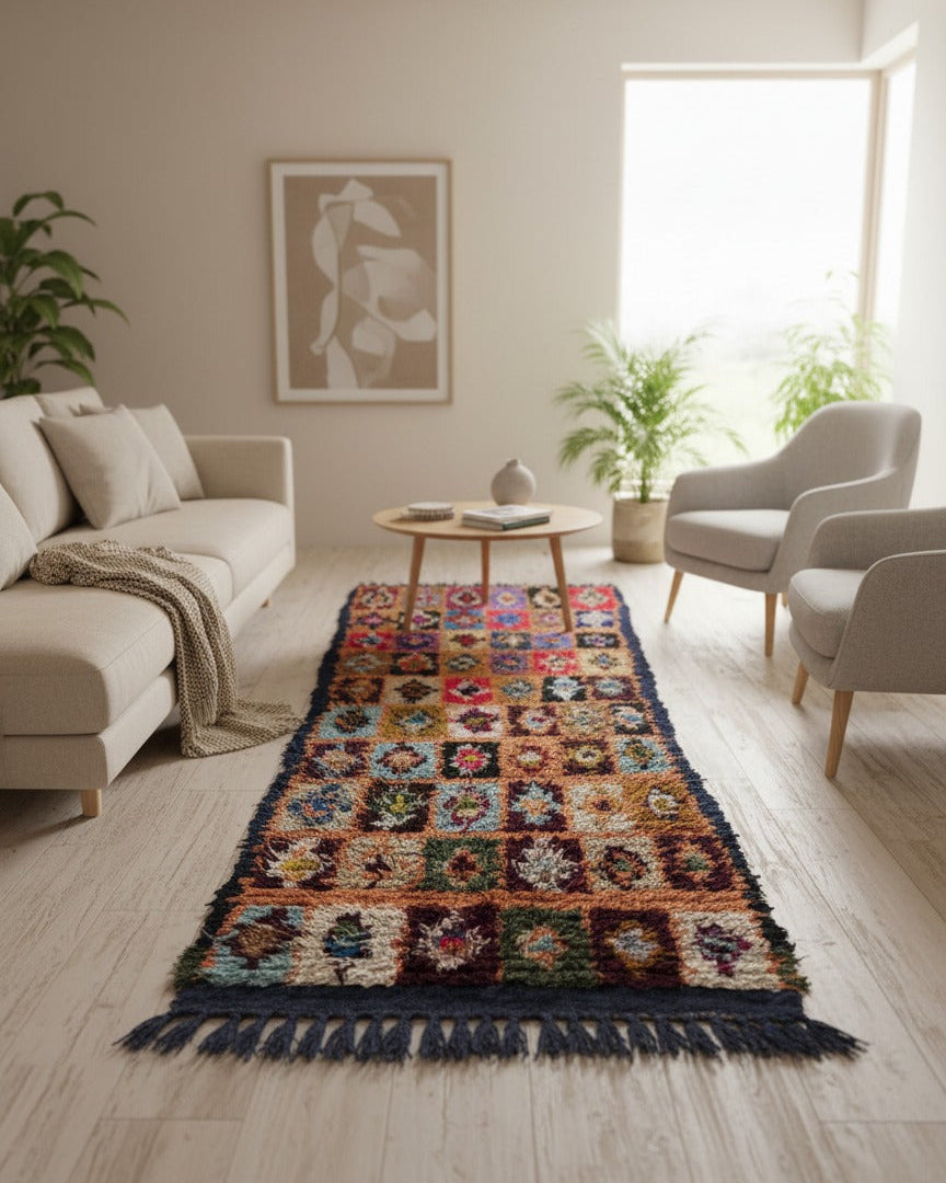 Colorful Rug for living room/bedroom , Handmade Moroccan Boucharouite Runner Rug – Catchy Rug Geometric Design | 3.3 x 8.2 ft (1 x 2.5 m) | Boho Rugs Vintage Hallway & Entryway Carpet