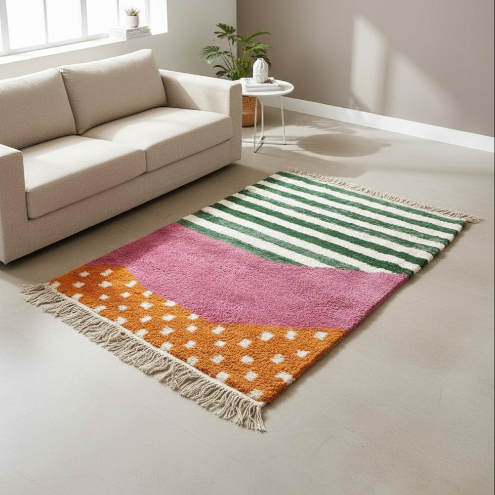 Modern Handmade Moroccan Luxury Rug – Large /area Rug 10.5 x 7.2 ft (3.2 x 2.2 m) | Green, Pink & Orange Wool Area Carpet for Living Room or Bedroom