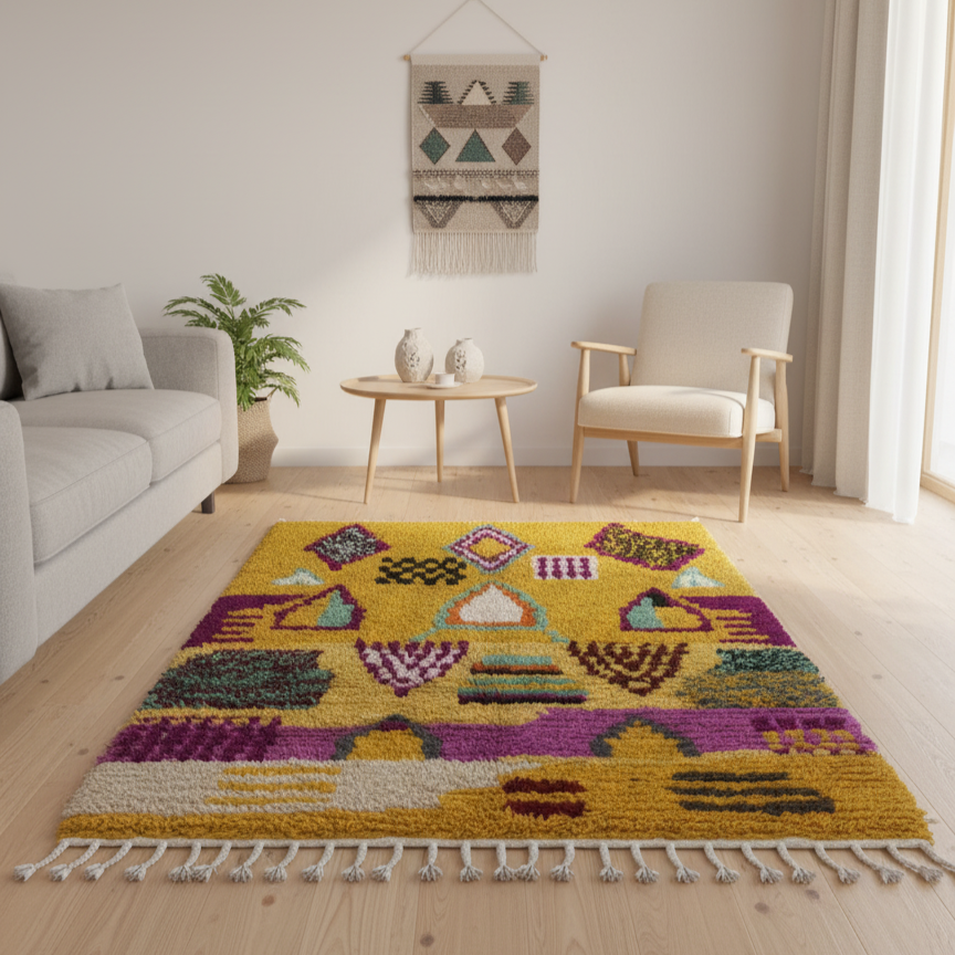 Handcrafted Moroccan Boucherouite Rug – Vibrant Mustard, Purple & Teal | 2.9’ × 3.9’ (90 × 120 cm) | Boho & Artistic Accent Rug