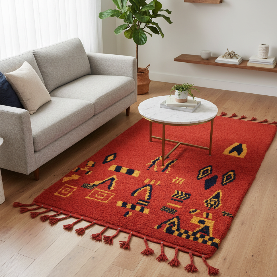 Vintage Handmade Moroccan Wool Rug – Royal Red with Yellow & Black Berber Pattern | 6.6 x 3.9 ft (2 x 1.2 m) | Authentic Tribal Carpet for Living Room & Bedroom