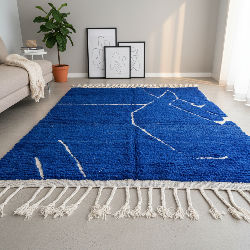 Authentic Moroccan Carpet - Handmade Wool Area Rugs – Blue Rug with White Line Pattern Relief | 6.1 x 8.0 ft (1.85 x 2.45 m) | Modern Boho Living Room, Bedroom & Area Rug
