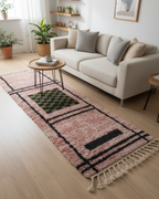 Handmade Moroccan Runner Rug – Dusty Rose with Checkerboard Design | 8.2 x 2.3 ft (2.5 x 0.7 m) | Wool Hallway & Entryway Carpet