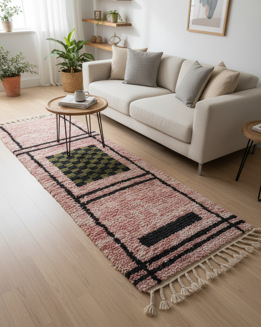 Handmade Moroccan Runner Rug – Dusty Rose with Checkerboard Design | 8.2 x 2.3 ft (2.5 x 0.7 m) | Wool Hallway & Entryway Carpet