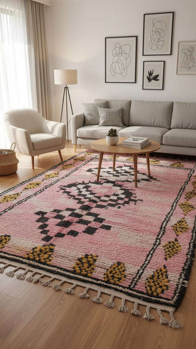 Vintage Handmade Moroccan Wool Rug – Pink Rug for bedroom with Minimalist Berber Rugs Design in Black & Yellow | 7.9 x 5.1 ft (2.42 x 1.56 m) | Boho Chic Bedroom & Living Room Carpet