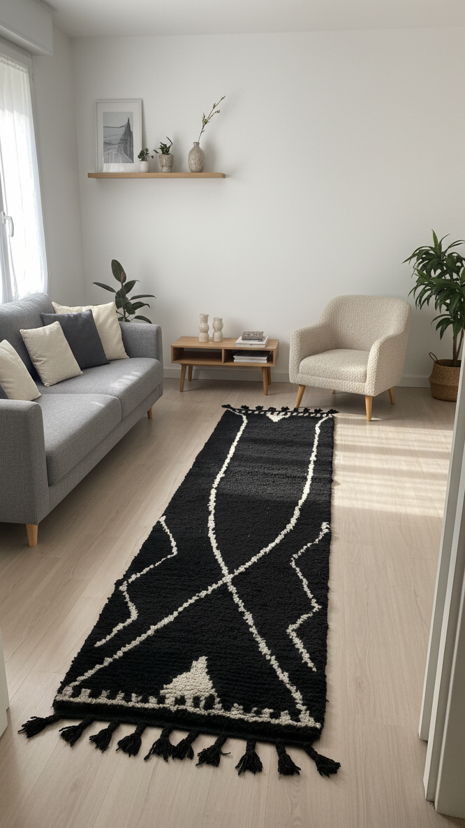 Black Moroccan Runner Rug, Handmade Abstract Rug White Berber Signs – Wool Hallway Carpet | 2 x 10 ft (0.6 x 3.0 m)