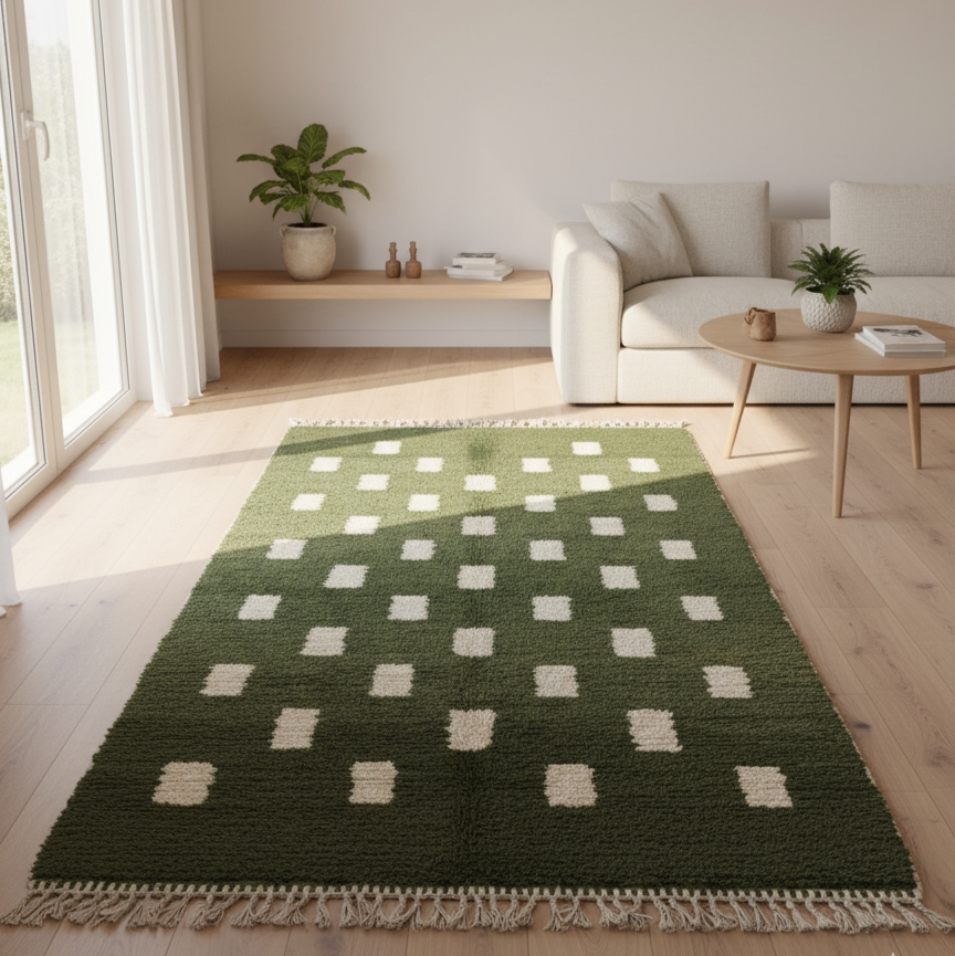 Handwoven Moroccan Berber Runner Rug – Green & White Geometric | 5’ × 15’ (150 × 457 cm) | Wool High-Pile Hallway Rug